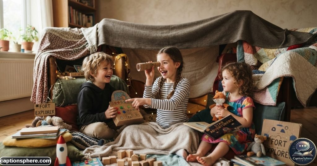 Children using imagination while playing inside a homemade blanket fort