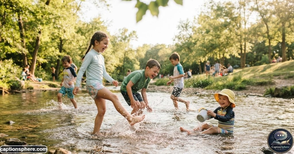 Children laughing and splashing together during a sunny summer day