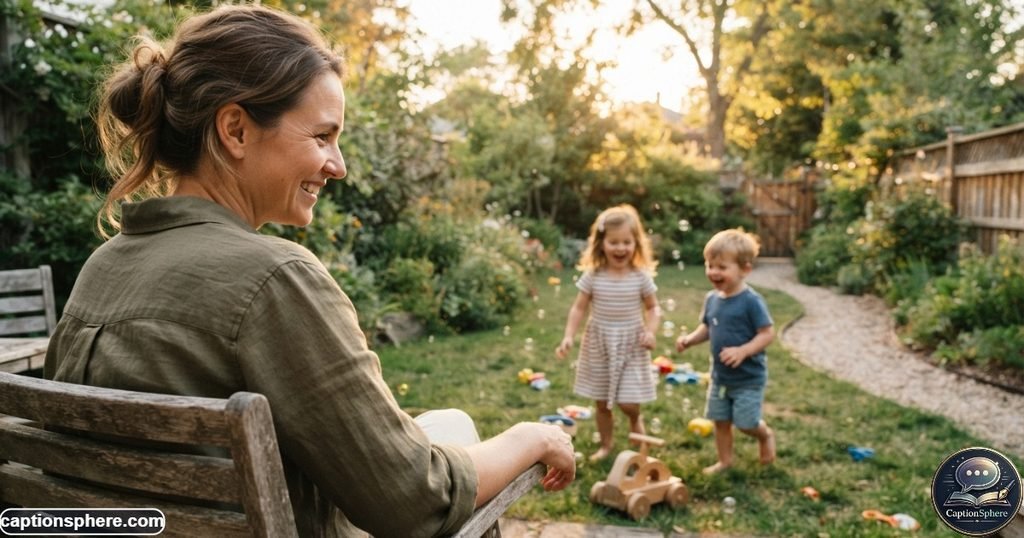 Parent watching children happily play together in a family backyard