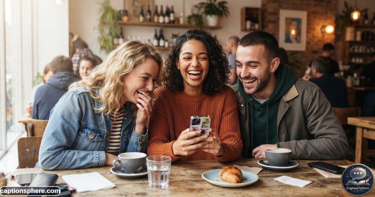 Friends laughing while reviewing funny and random photos together on a phone