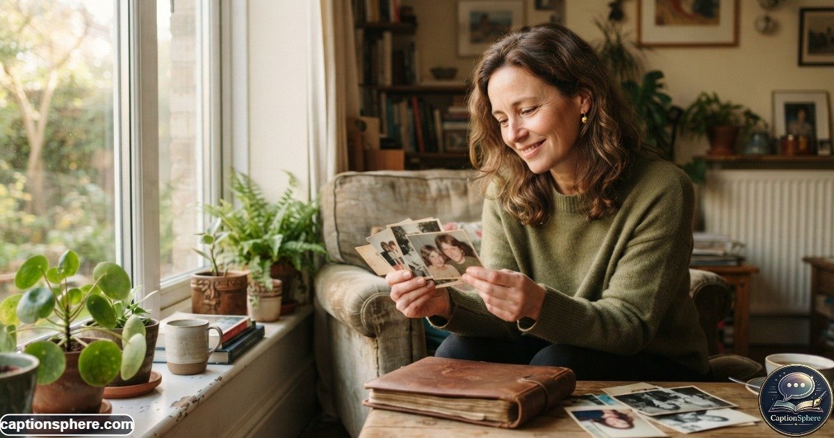 Person looking through old printed photographs and remembering meaningful moments