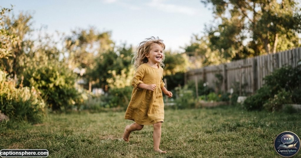 Smiling child running across a sunny grassy yard during playful outdoor time