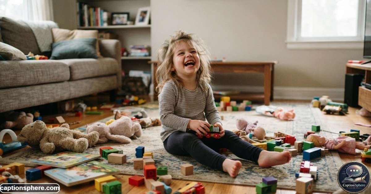 Laughing child surrounded by toys after a playful and slightly messy afternoon