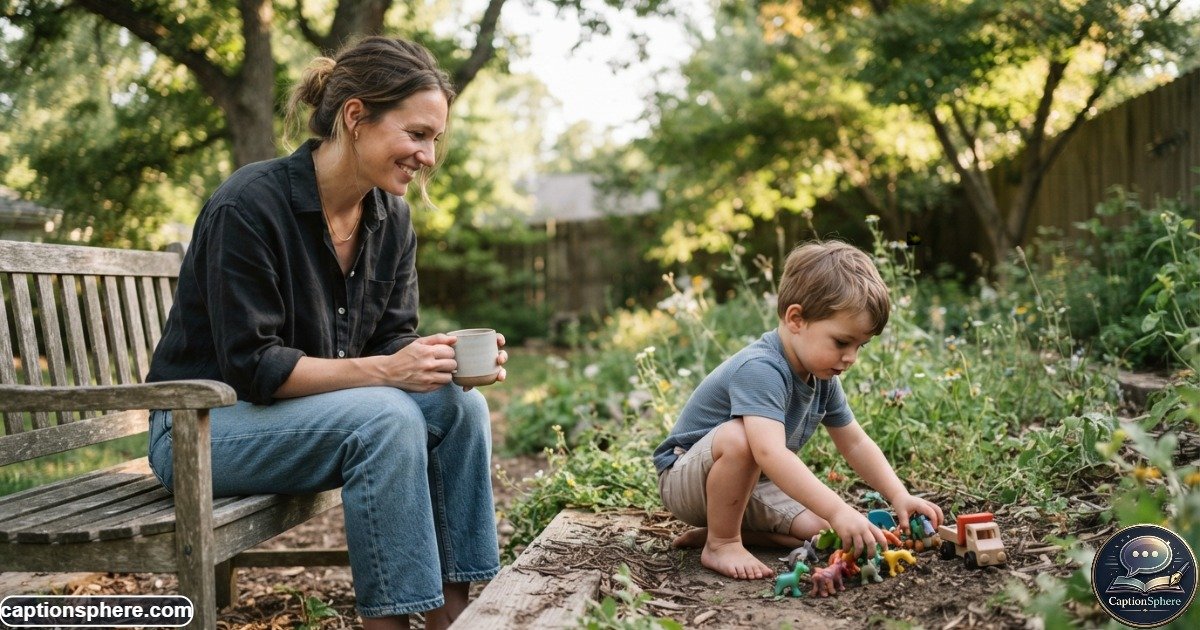Parent watching a young child play happily in a warm family backyard