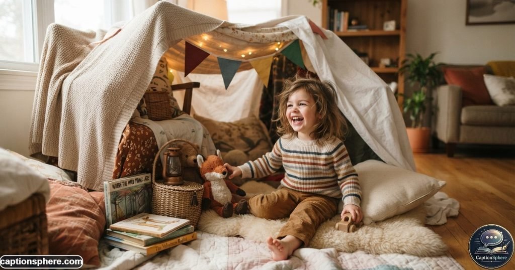 Creative child playing inside a cozy homemade blanket fort at home