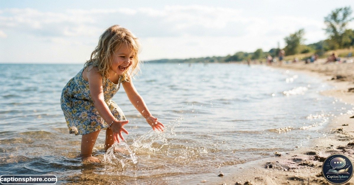 Child laughing while playing near shallow water on a bright summer afternoon