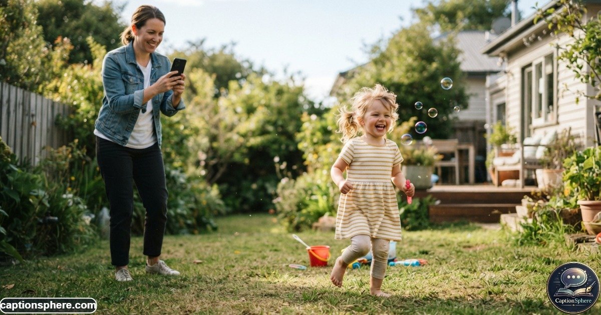 Parent photographing a happy child playing naturally in a sunny backyard
