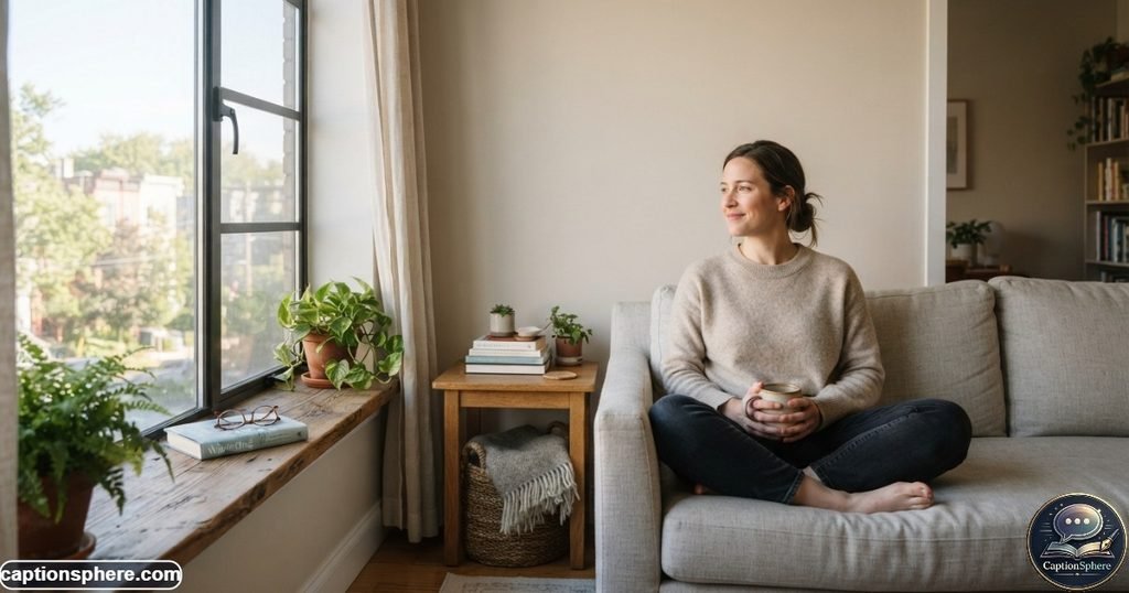 Relaxed person enjoying a quiet morning with soft natural light and peaceful surroundings
