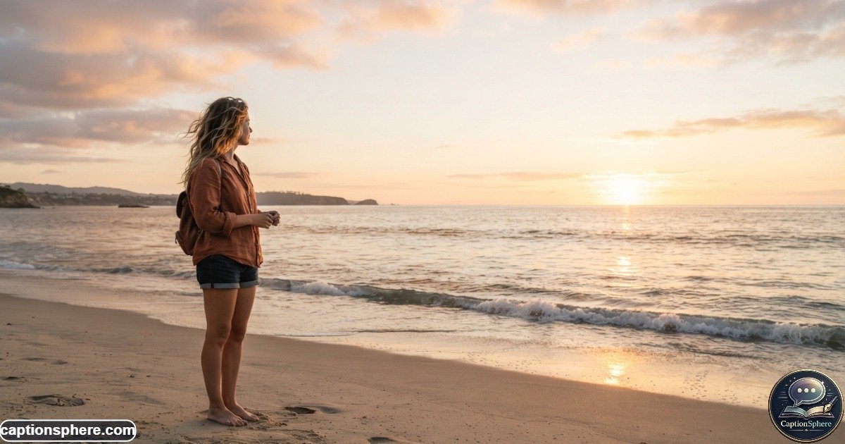 Person standing beside the ocean enjoying a quiet peaceful travel moment at sunset