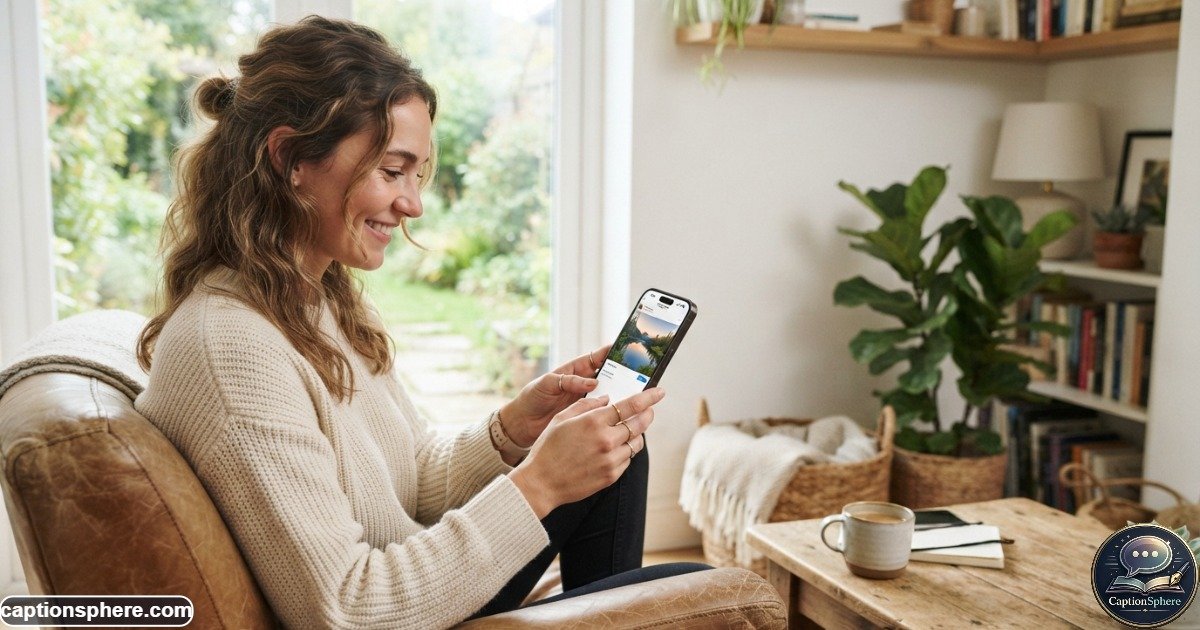Person selecting a peaceful Instagram caption while reviewing a photo on a smartphone