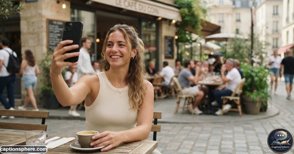 Young woman taking a natural smiling selfie outdoors in soft daylight