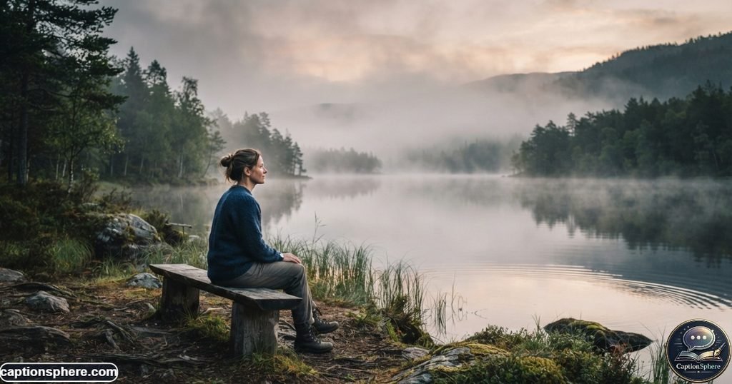 Person sitting peacefully beside a lake during a calm morning outdoors