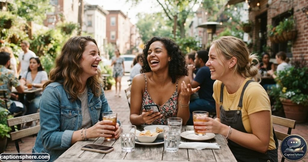 Friends enjoying a casual outdoor afternoon together while capturing everyday memories