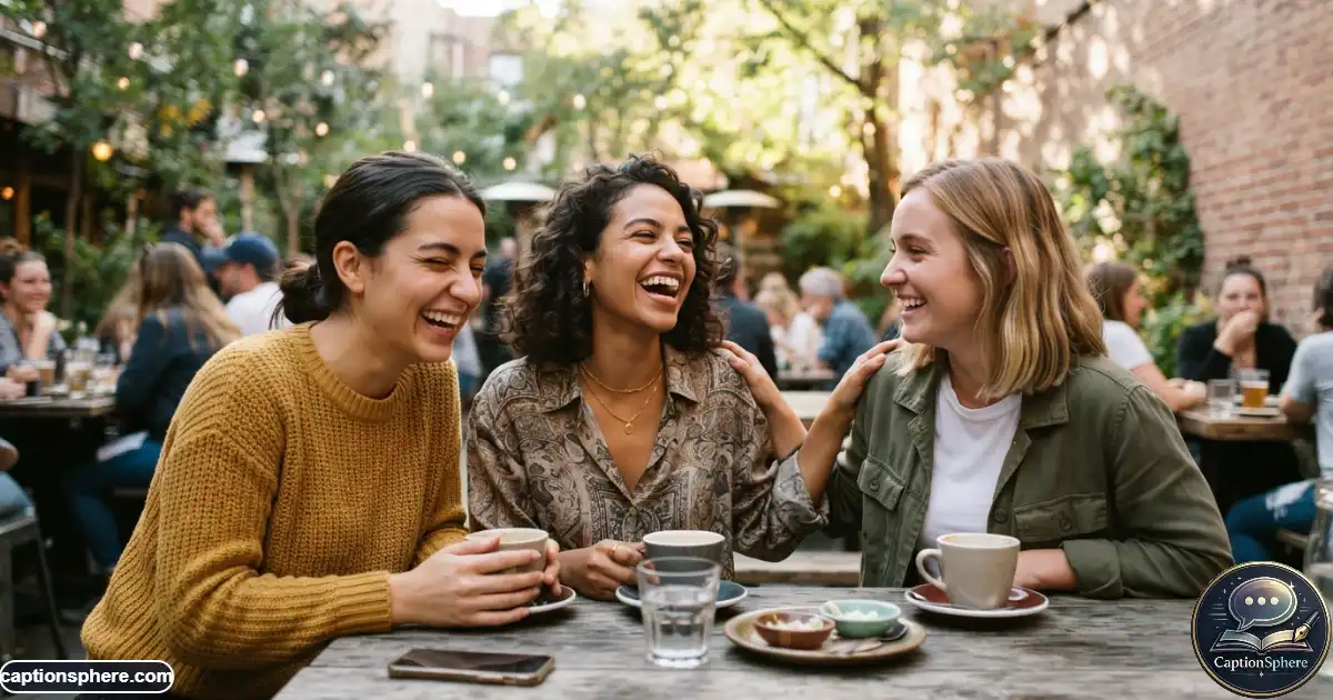 Three friends laughing together outdoors while taking a casual group photo