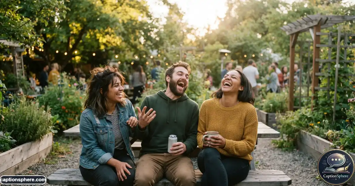 Three friends laughing during a playful candid moment together