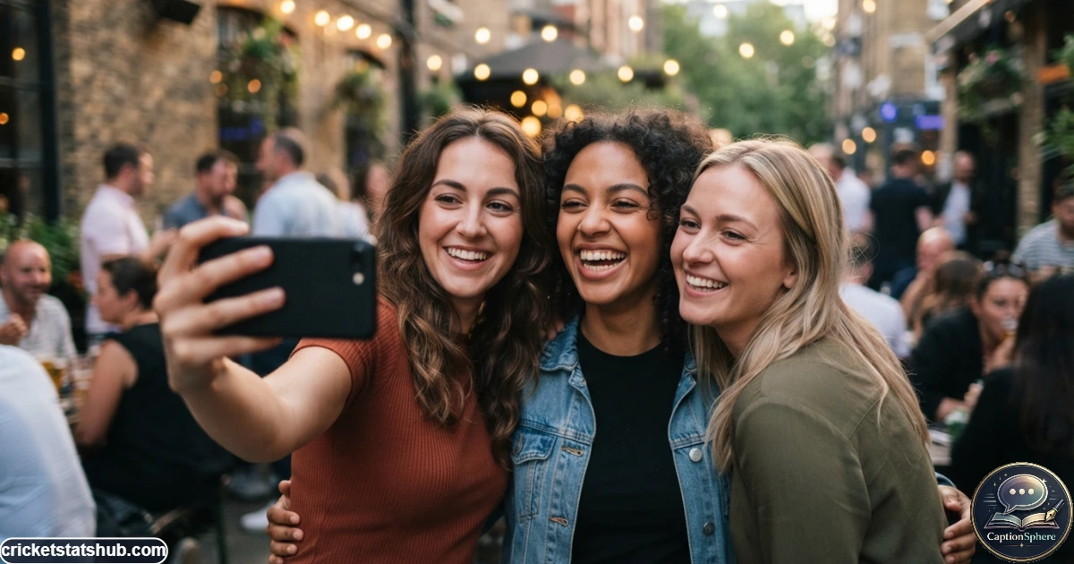Three friends taking a fun group selfie together on a smartphone
