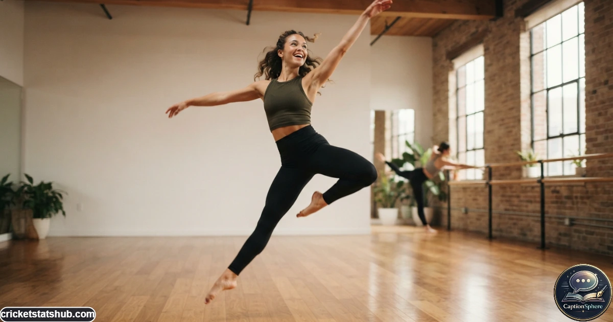 Dancer performing confidently in a bright studio while music plays