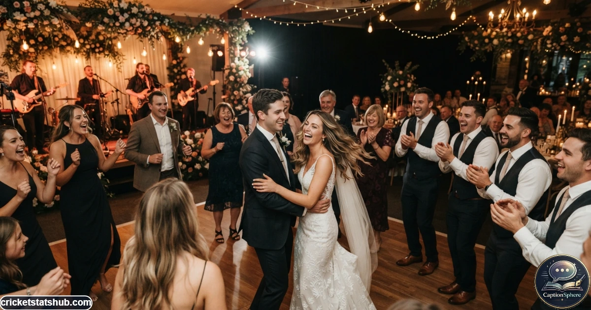Couple and guests dancing together during a joyful wedding celebration