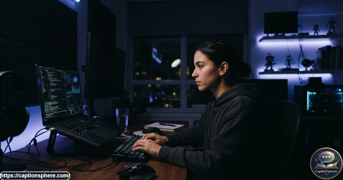 Dark laptop workspace with hacker-themed digital aesthetic and glowing screen