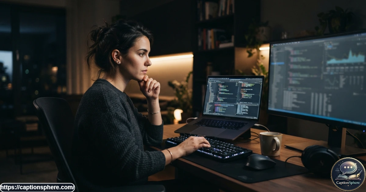 Person working at a modern laptop workstation in a dark technology-focused room
