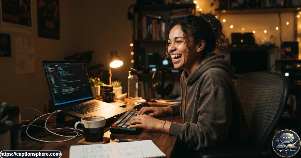 Smiling coder reacting to a laptop screen during a late-night debugging session