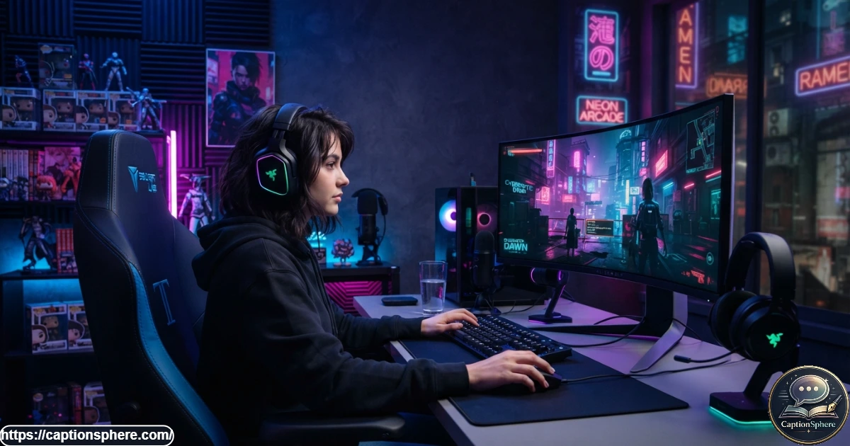 Gamer at a neon-lit computer setup with keyboard, monitor, and futuristic cyberpunk atmosphere