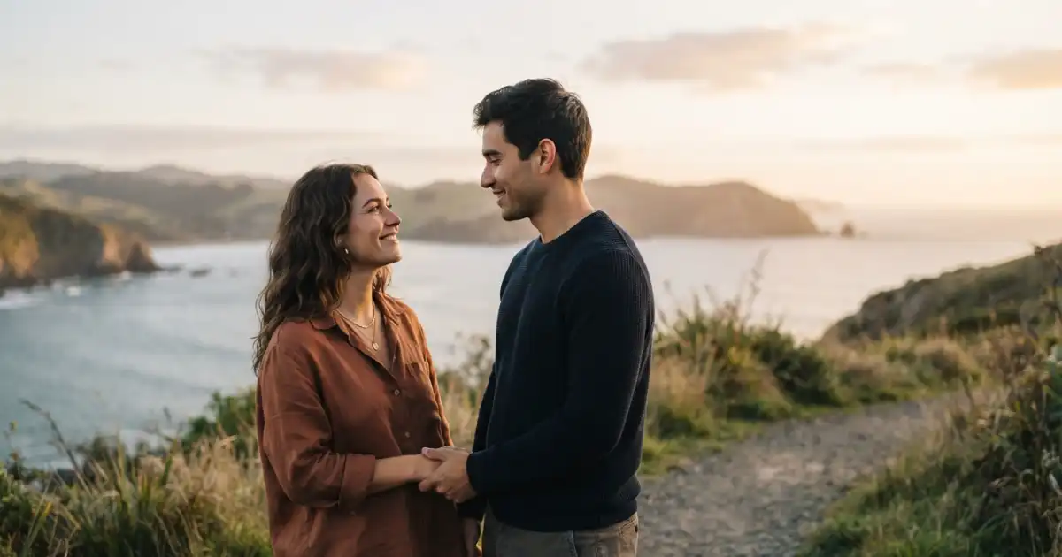 Two young adults sharing a natural meaningful gaze during an outdoor portrait