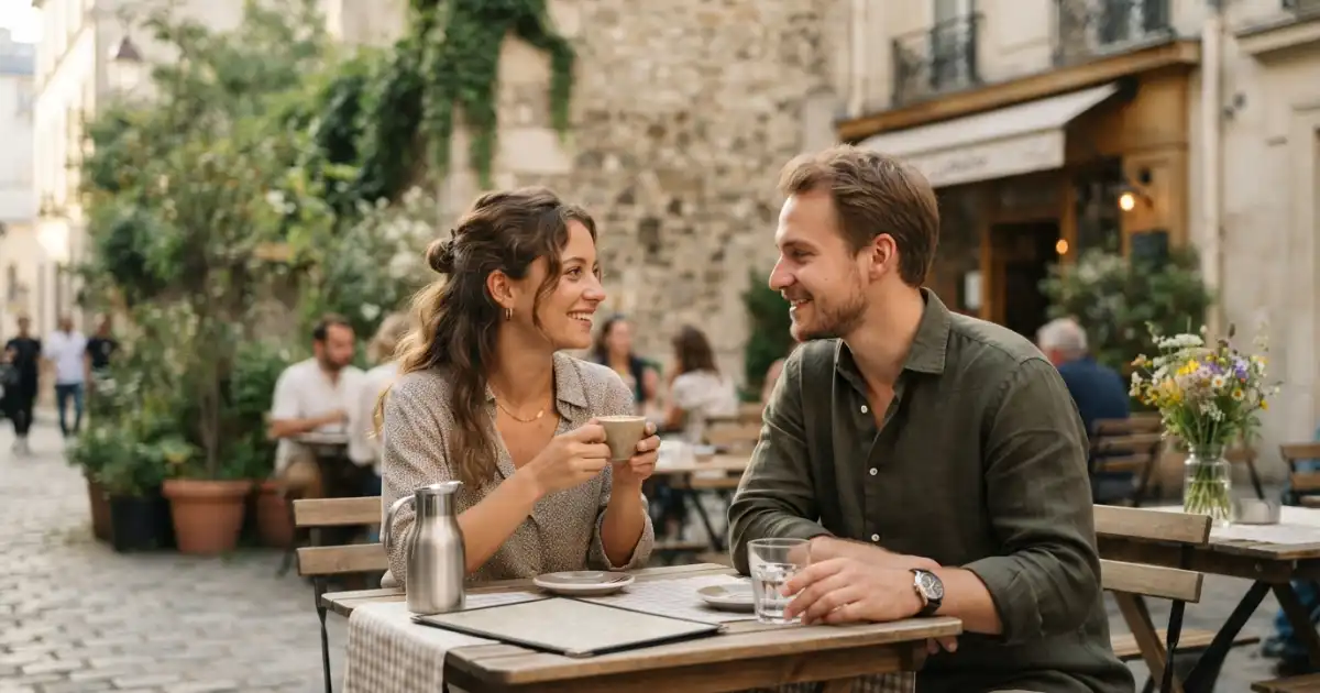 Romantic couple exchanging a warm gaze during an intimate outdoor moment