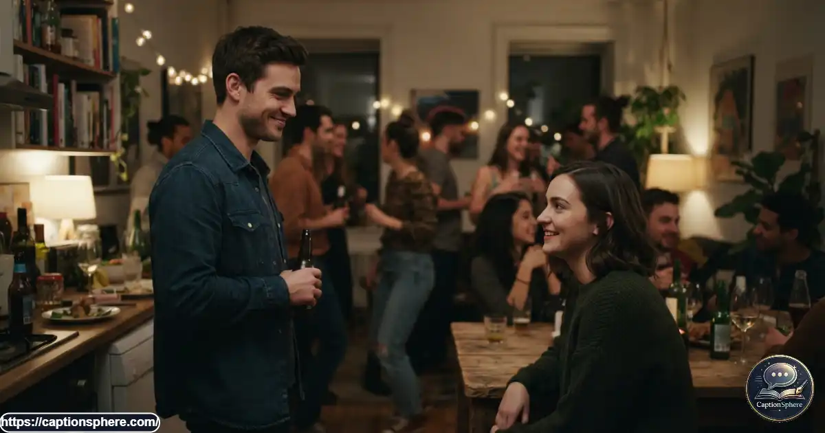 Two young adults exchanging a shy playful glance at a casual social gathering