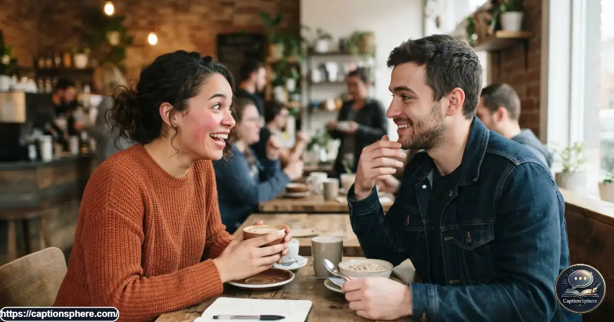 Two friends sharing an awkward funny glance during a casual indoor conversation