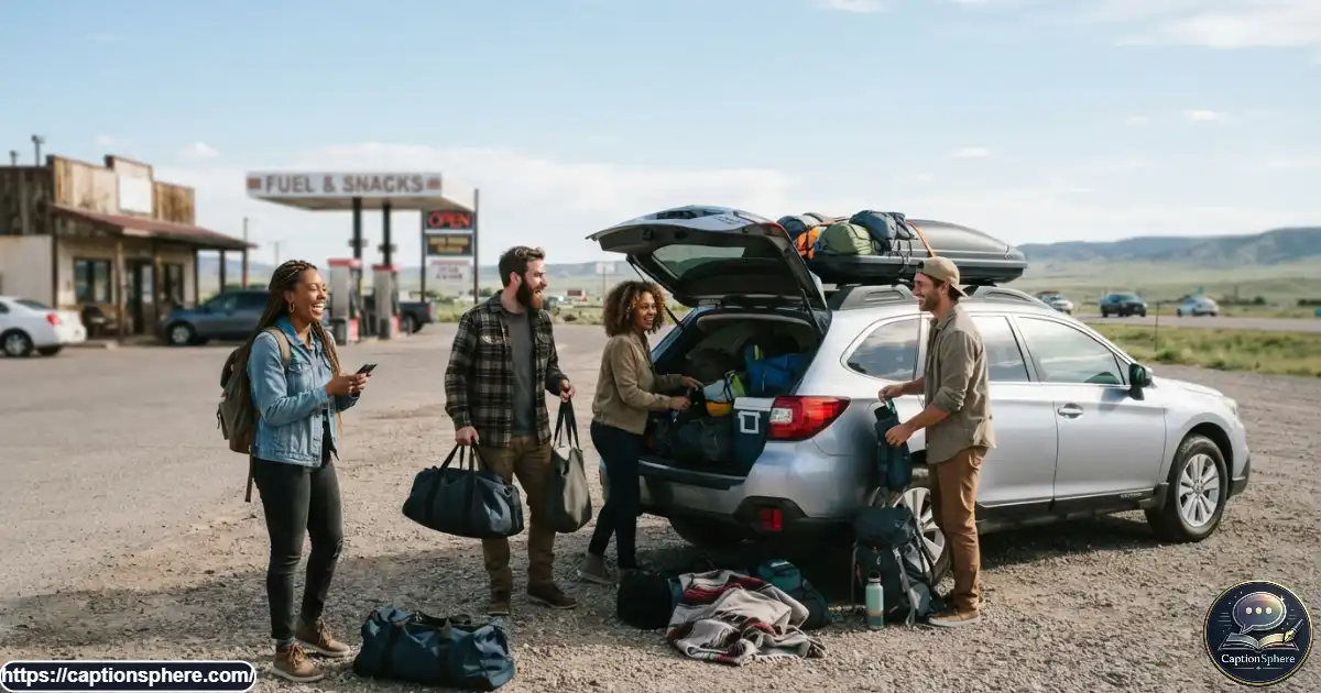 Friends using a smartphone while preparing to split road trip expenses