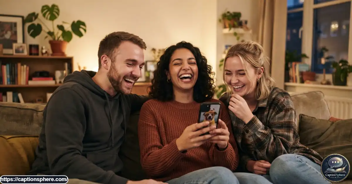 Friends laughing while reviewing funny random photos on a smartphone