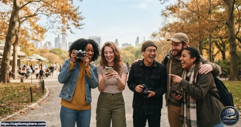 Group of friends taking candid photos together during a casual outing