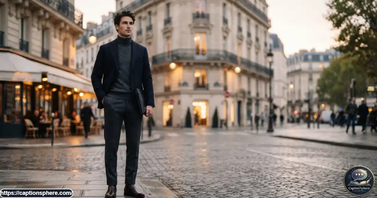 Stylish young man wearing a refined modern outfit in an elegant urban setting