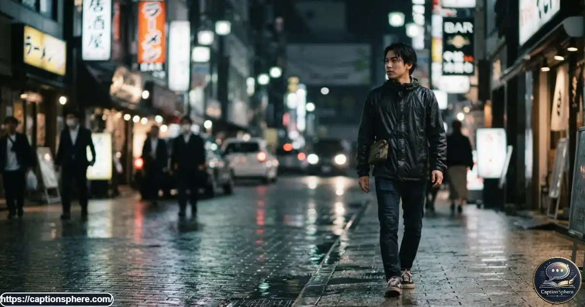Young man walking through a softly lit city street at night with a cinematic mood