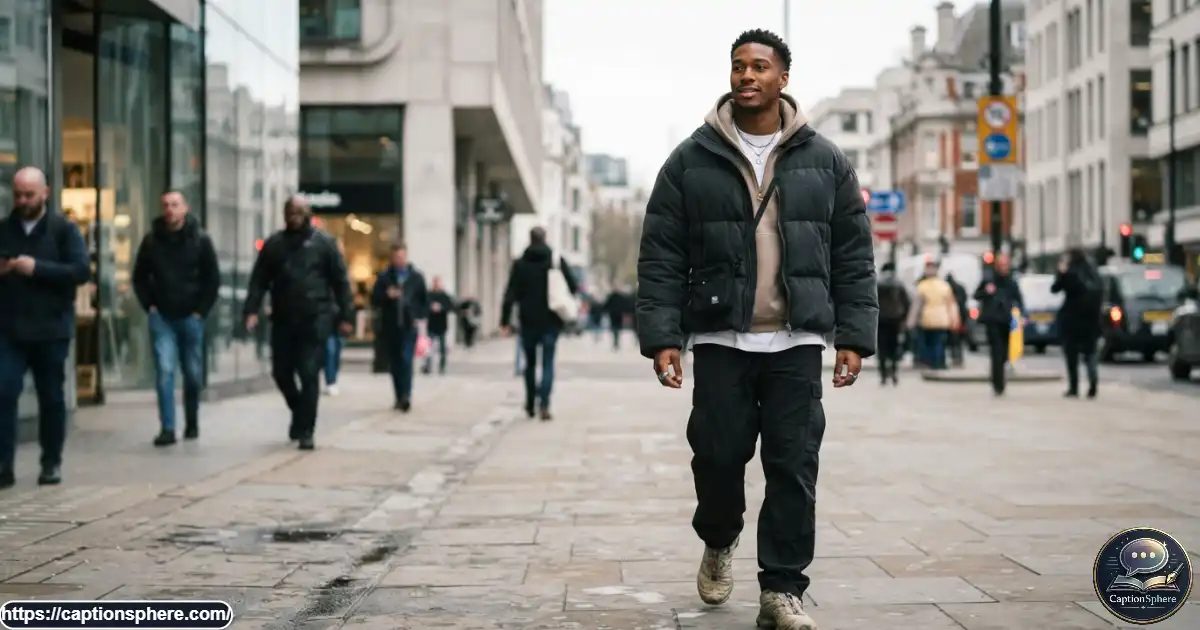 Young man wearing contemporary streetwear while standing on a modern city sidewalk