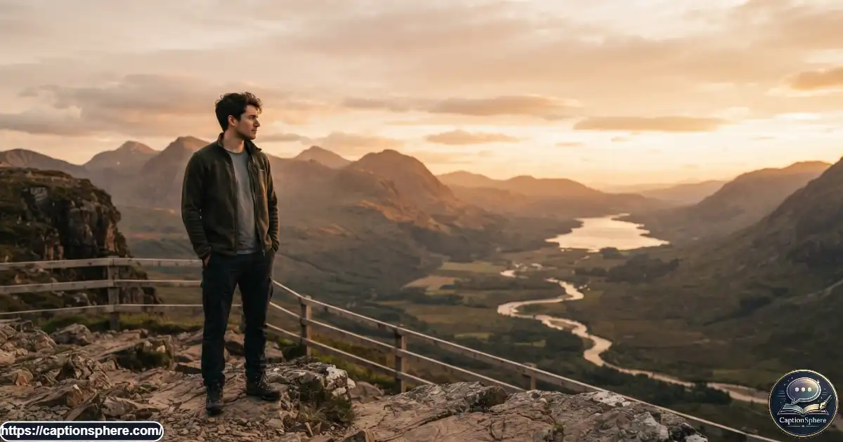 Young man enjoying a scenic outdoor view during a warm golden-hour sunset