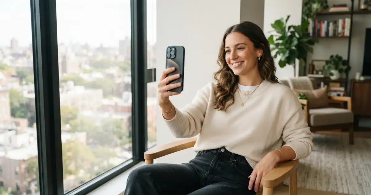 Young adult taking a stylish selfie in natural indoor light