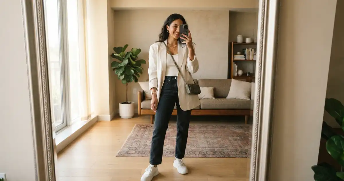 Fashionable person taking a full-length mirror selfie in a modern room