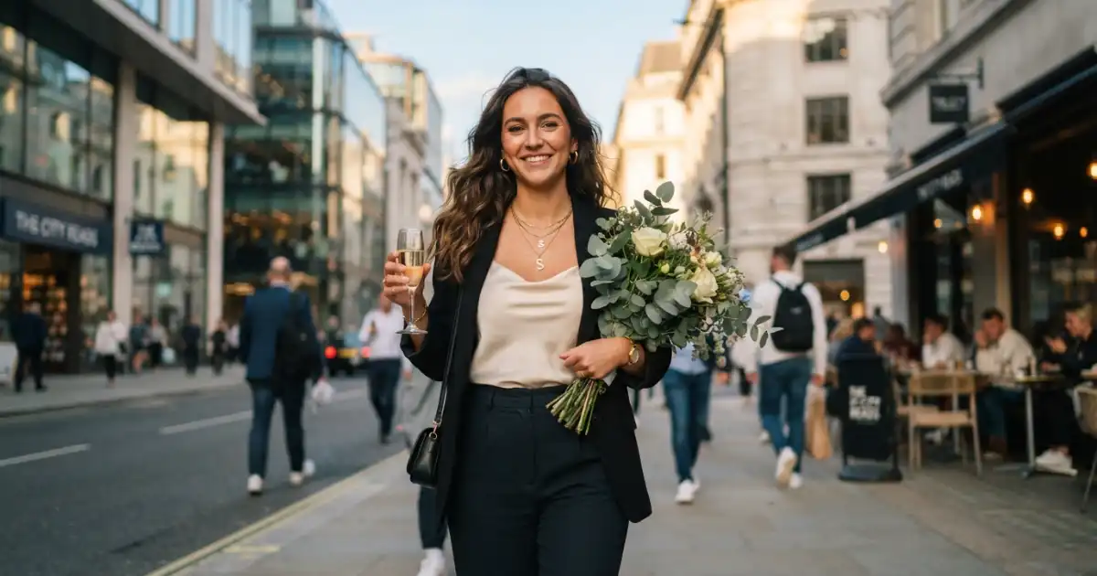 Confident young adult celebrating a personal glow-up in stylish clothing