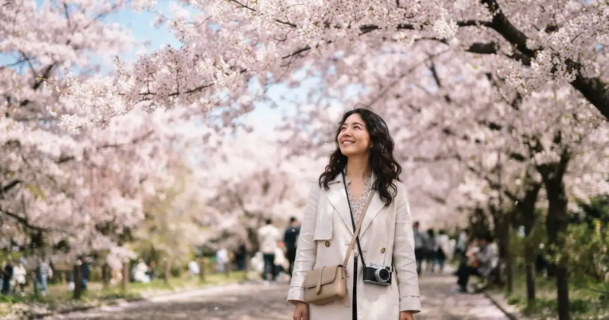 Person standing beneath blooming cherry blossom trees in spring