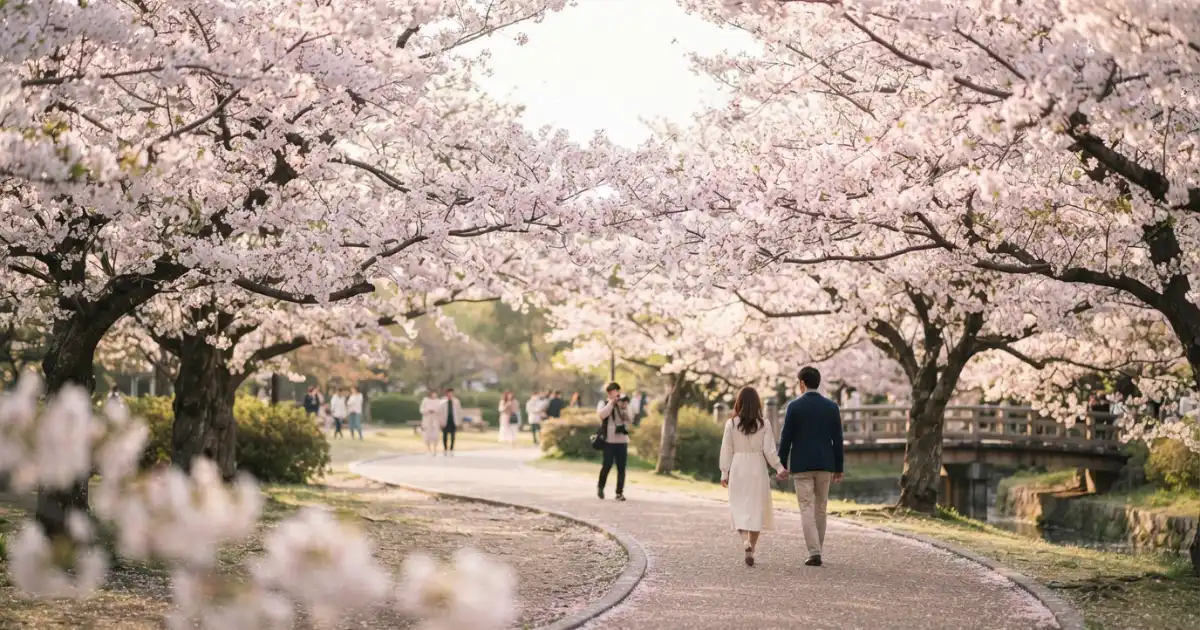 Dreamy cherry blossom canopy glowing in soft afternoon light during spring