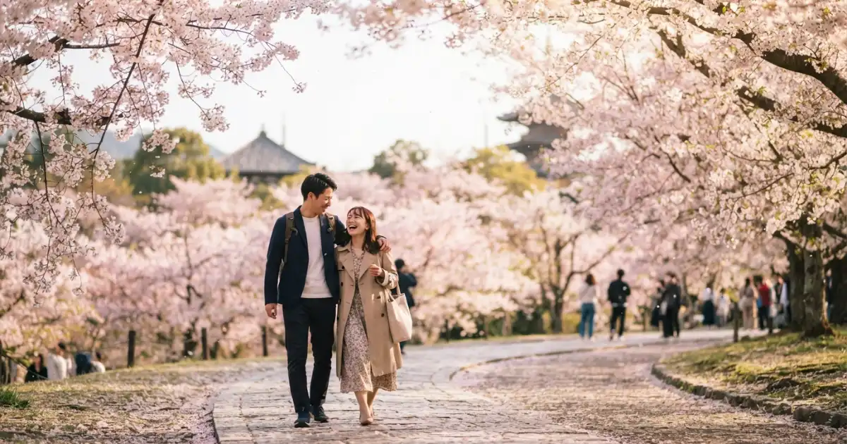 Romantic couple walking together beneath blooming cherry blossom trees in spring