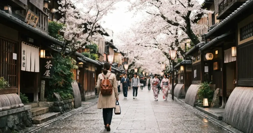 Traveler walking through a Kyoto street lined with blooming cherry blossom trees