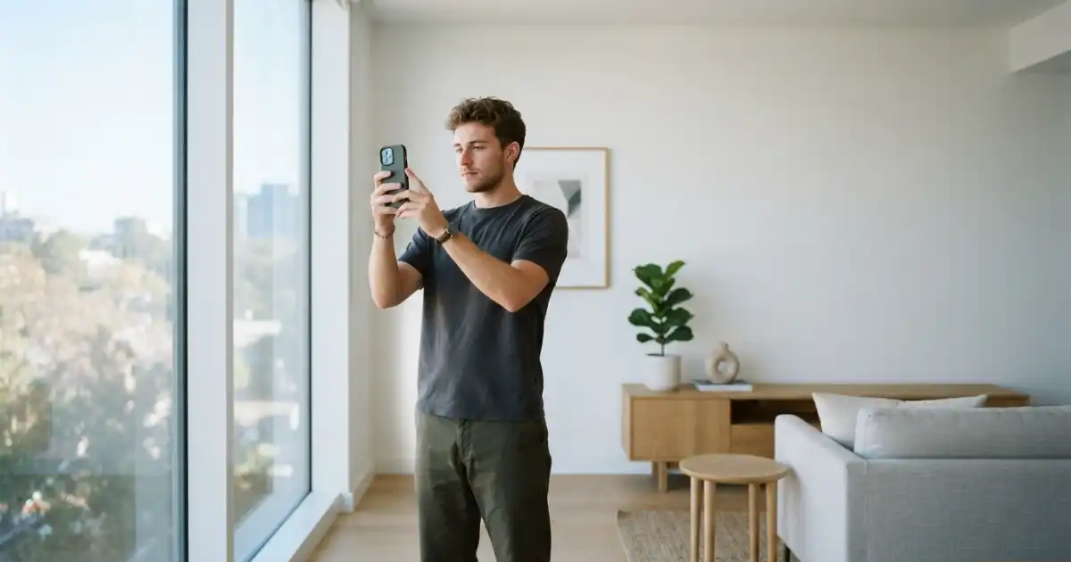 Young man taking a simple smartphone photo in a clean modern setting