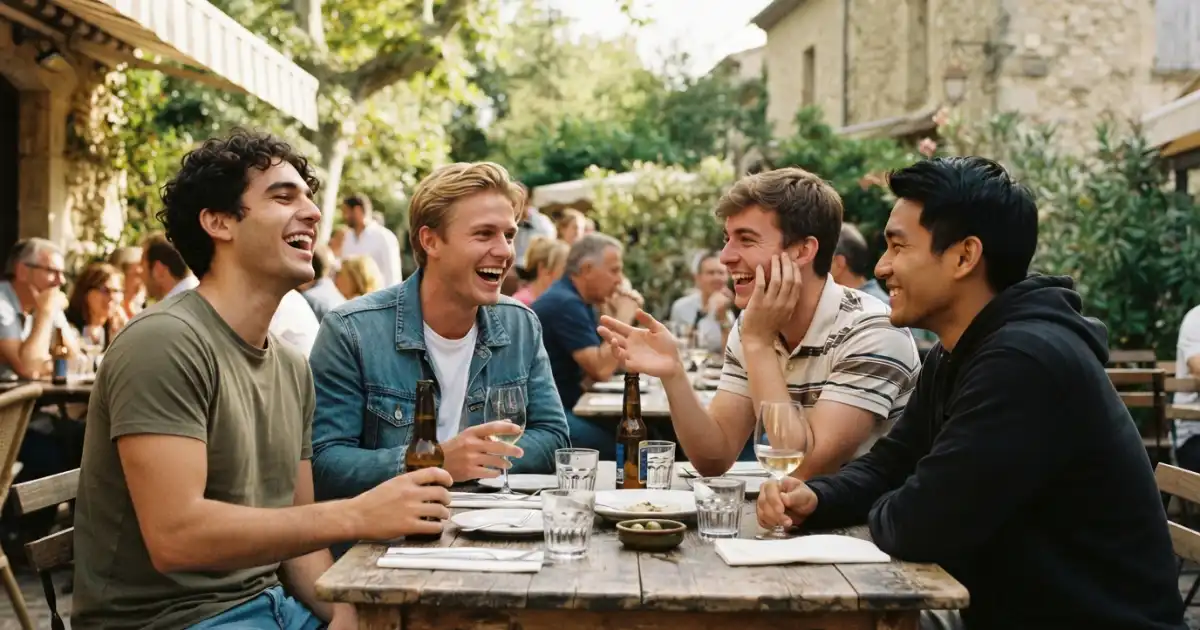Group of young male friends laughing together during a casual outdoor hangout