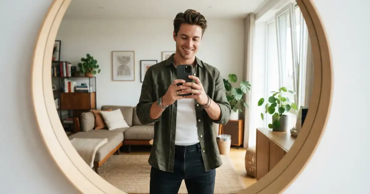 Young man taking a stylish mirror selfie wearing a modern casual outfit