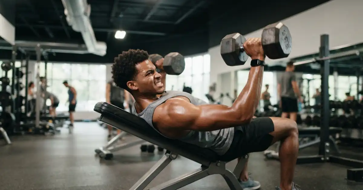 Young man completing a focused gym workout in a modern fitness facility
