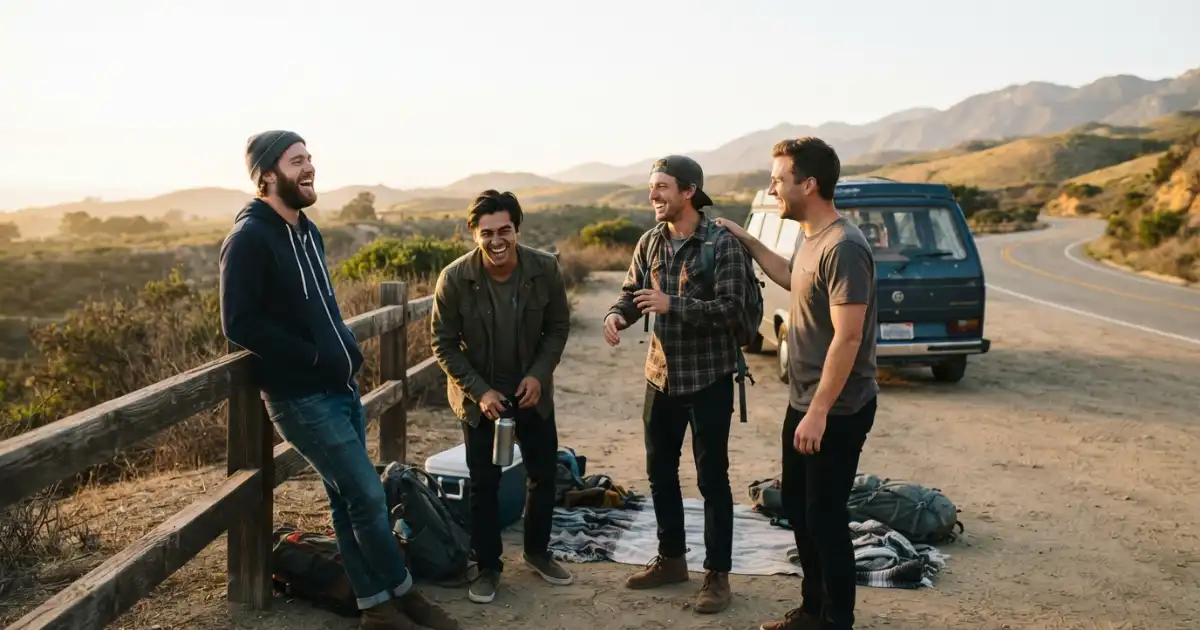 Four male friends enjoying a candid road trip stop together outdoors