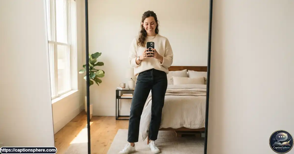 Person smiling while taking a casual full-length mirror selfie indoors